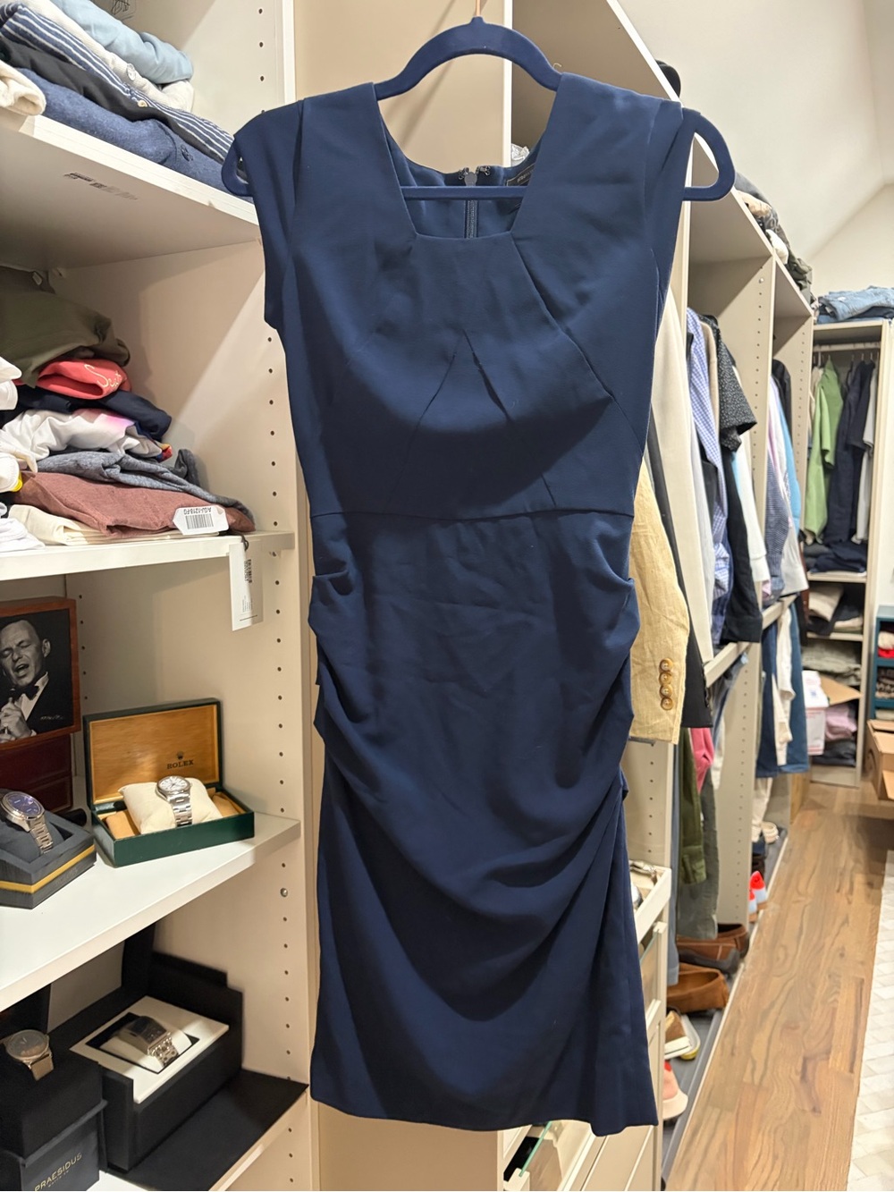 BCBGMaxAzria Navy Ruched Midi Sheath Dress
